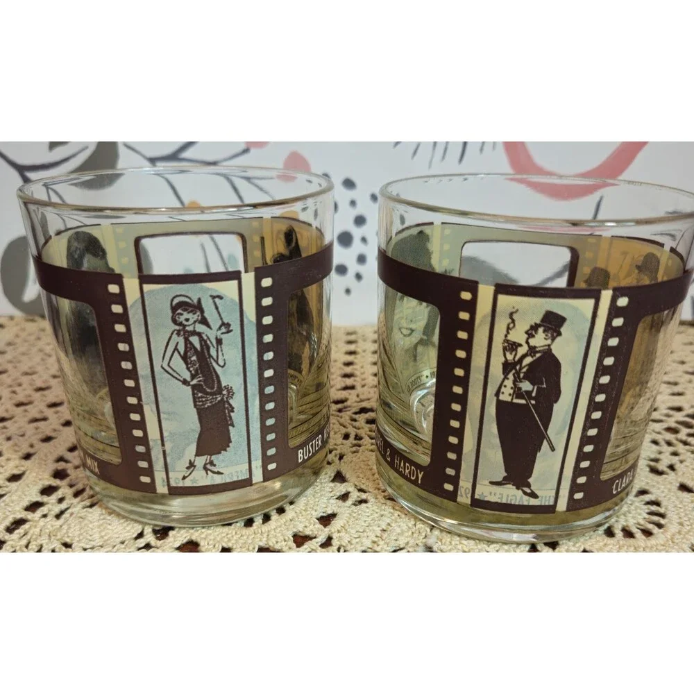 Set of 2 Vintage 'Roaring Twenties' Theme Whiskey Lowball Glasses